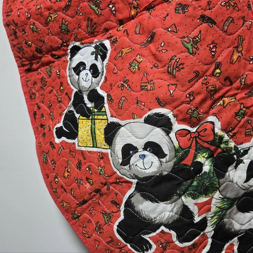 Vintage Panda Bear Cloth Christmas Tree Skirt Holiday Decor 60s 70s Retro Twee